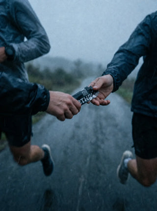 Trail runners sharing 2THRV whole-food energy fuel during training