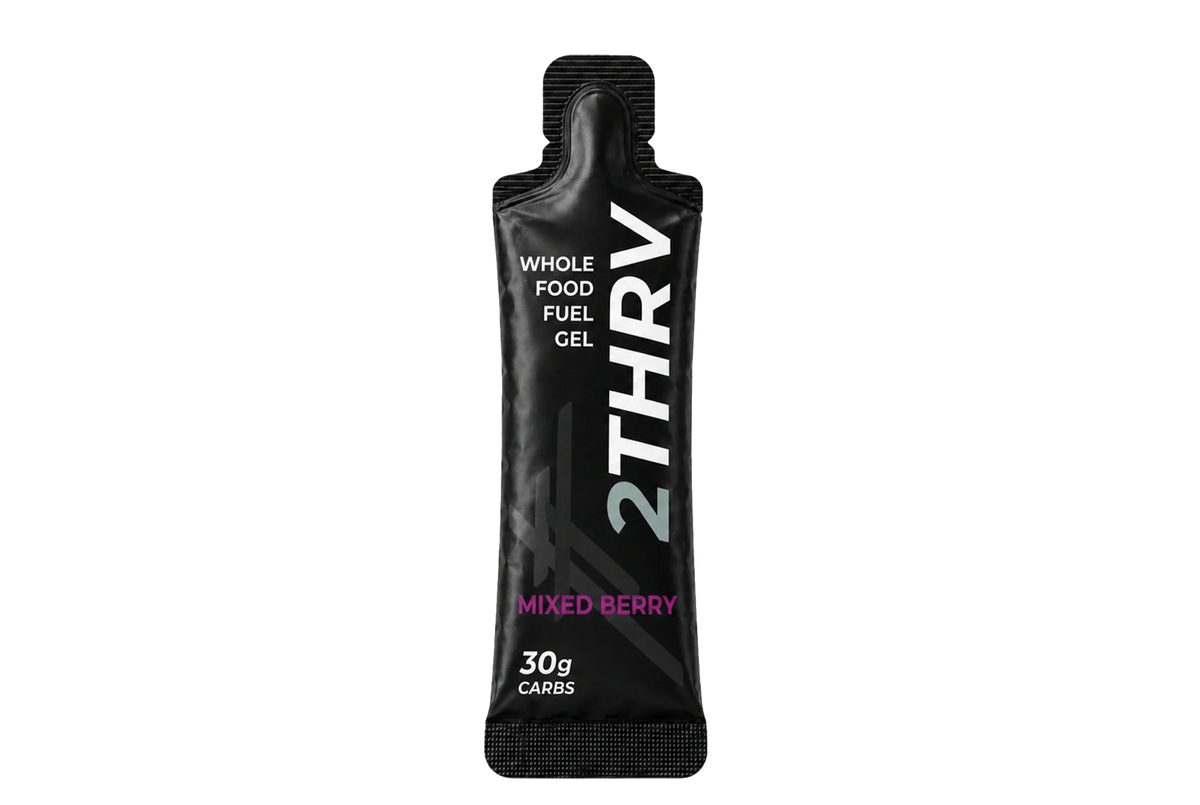 2THRV natural whole-food mixed berry energy gel pouch with 30g carbohydrates